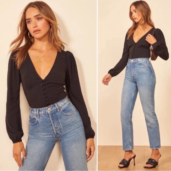 REFORMATION Black Nell Puff Sleeve V Neck Button Front Slim Fitting Top Size XS - Picture 2 of 10
